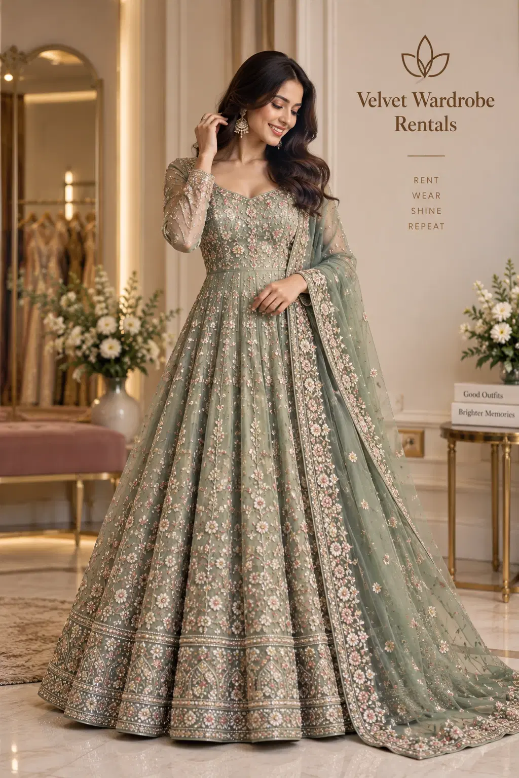 Sage Blossom Embroidered Anarkali Set