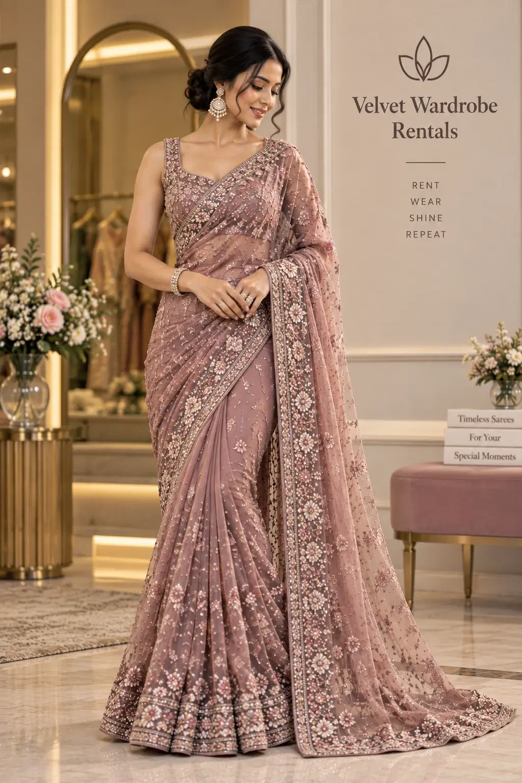 Dusty Rose Floral Embroidered Saree